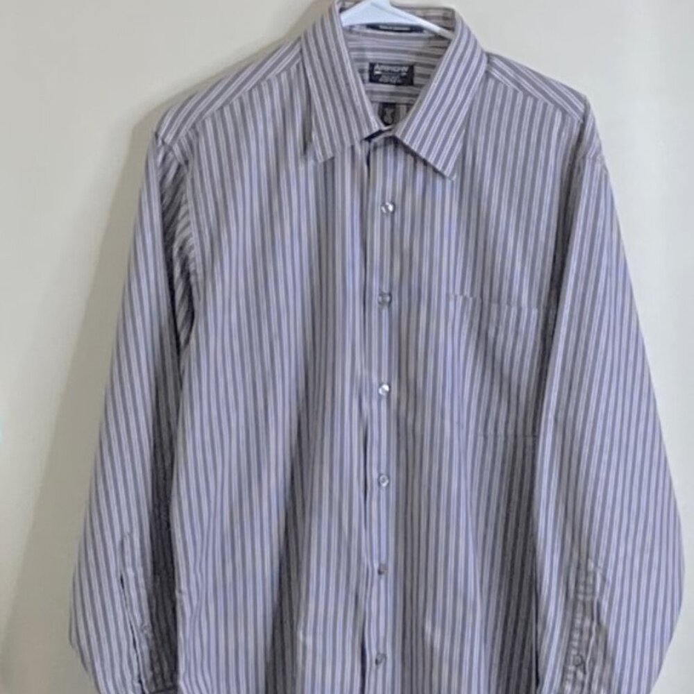 Men's Arrow Size L Button Down Shirt Gray W/Purple Stripes Long Sleeve